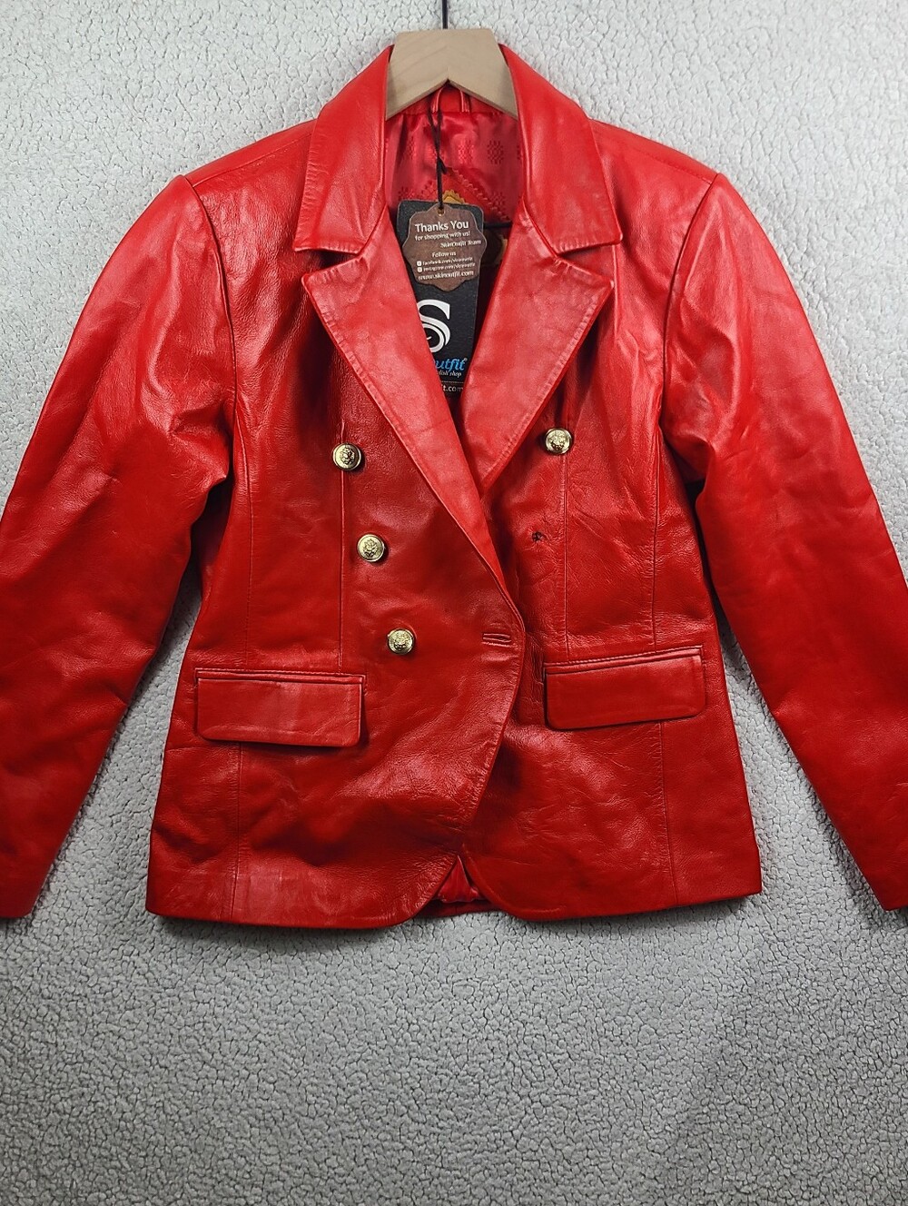 SkinOutfit Genuine Lambskin Leather Blazer Women's Medium Red Gold Button Jacket